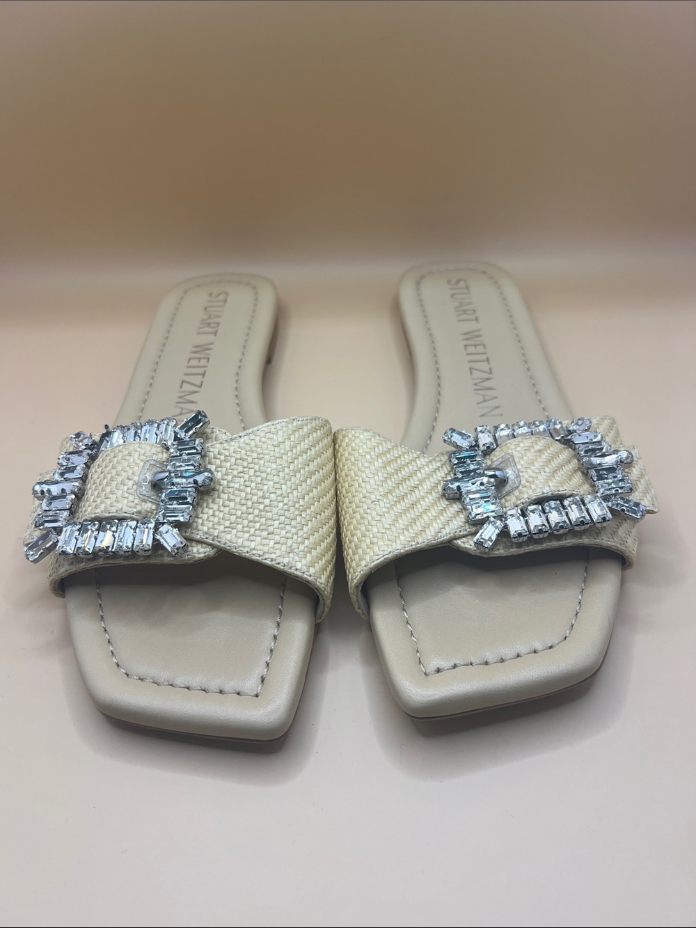 Stuart Weitzman Cream Crystal-Buckle Slide Mules